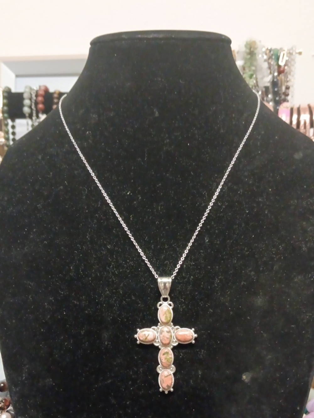 Stainless Steel Unakite Cross Pendant Necklace